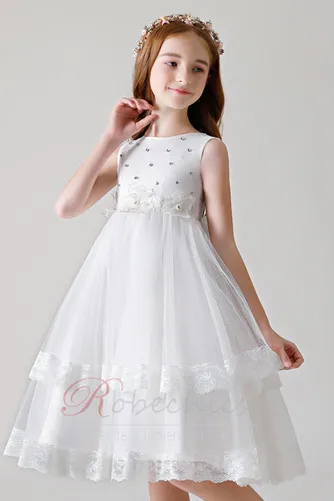 Robe Cortège Fille Tulle Nœud à Boucles A-ligne Multi Couche Col de chemise t