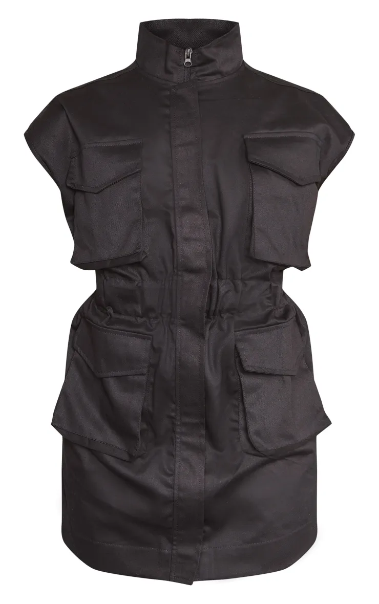 Robe droite style cargo noire à zip sans manches