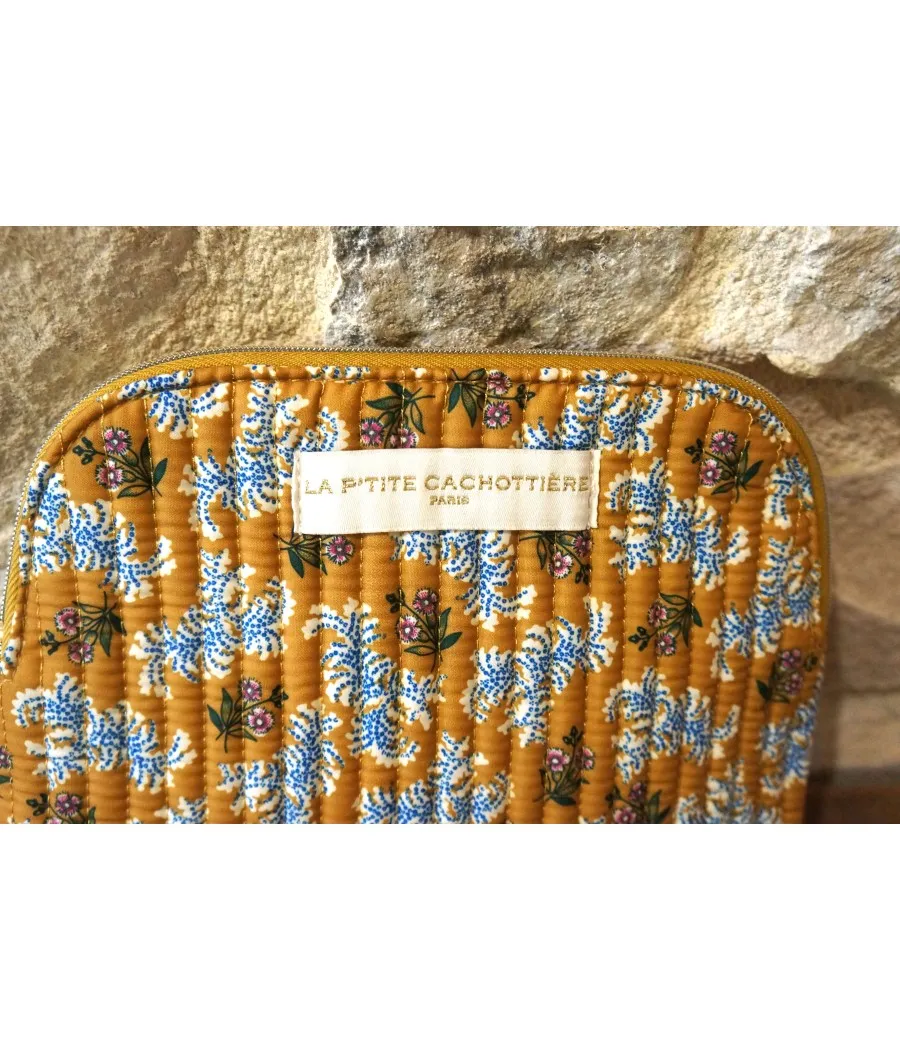 Santaia pochette maquillage jaune moutarde motif liberty fleur bleue