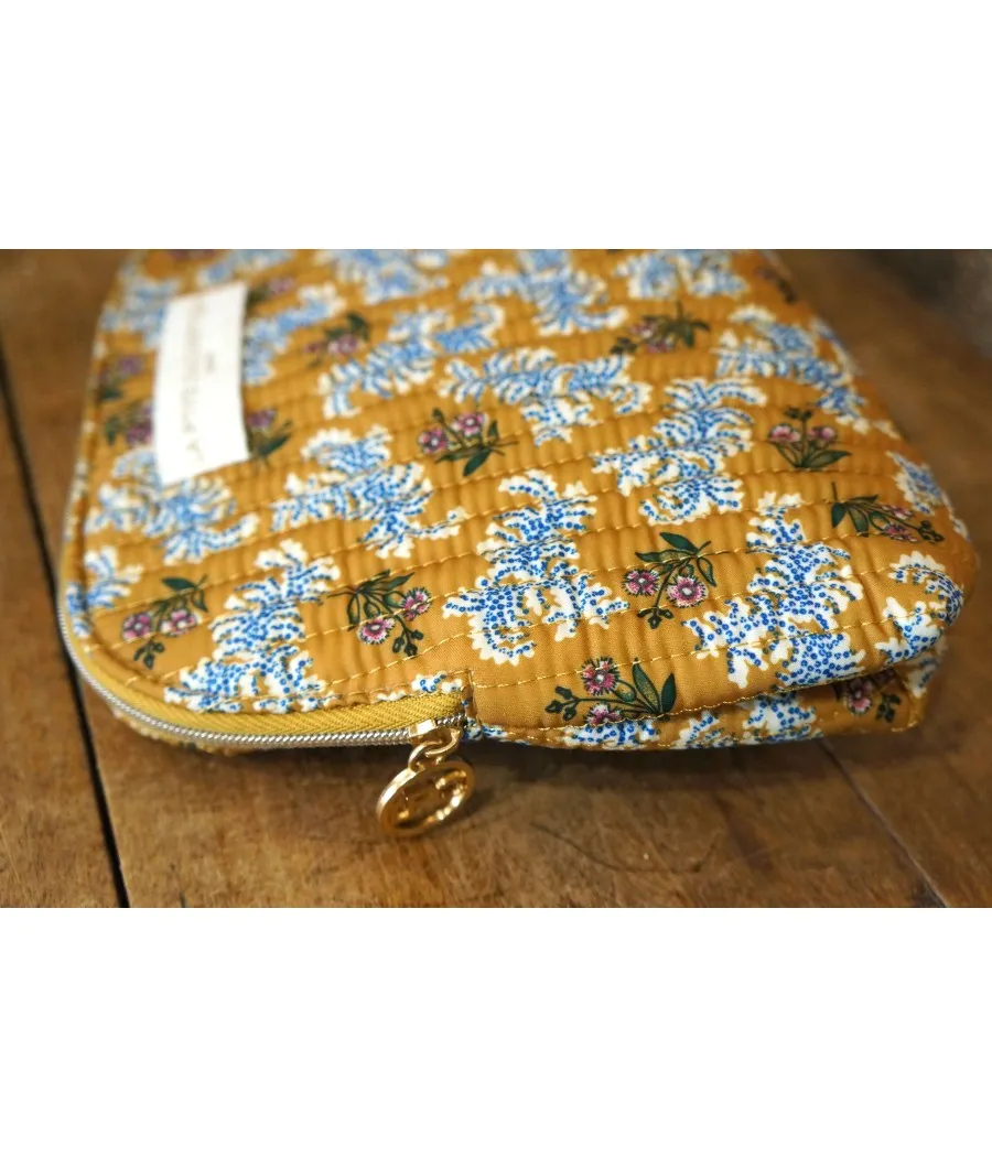 Santaia pochette maquillage jaune moutarde motif liberty fleur bleue