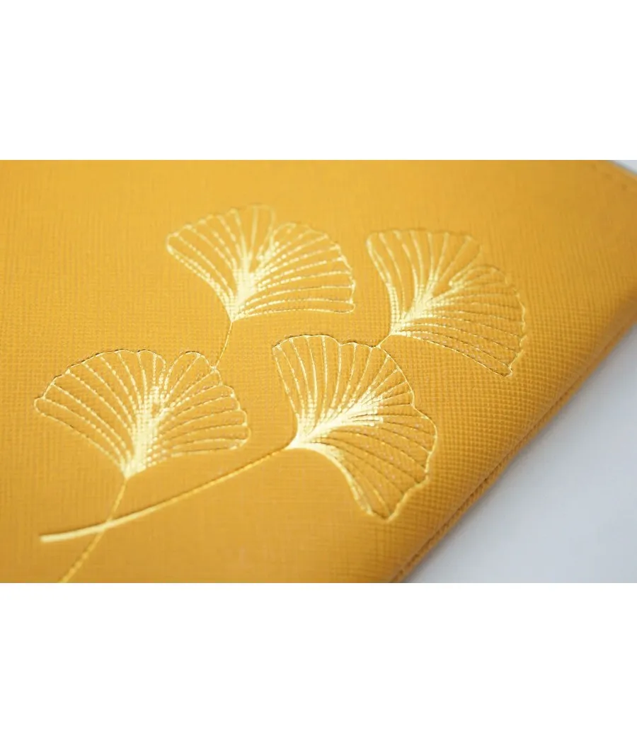 SANTAIA POCHETTE RETRO FEUILLE DE GINGKO OR SIMILI CUIR JAUNE MOUTARDE