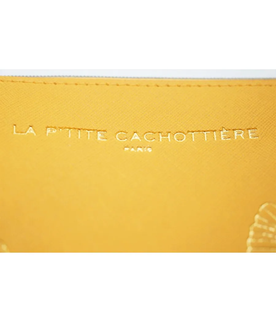 SANTAIA POCHETTE RETRO FEUILLE DE GINGKO OR SIMILI CUIR JAUNE MOUTARDE