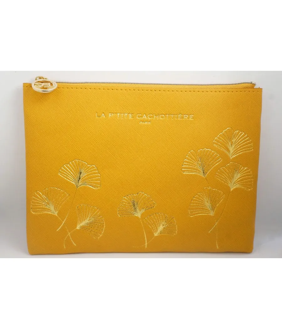 SANTAIA POCHETTE RETRO FEUILLE DE GINGKO OR SIMILI CUIR JAUNE MOUTARDE