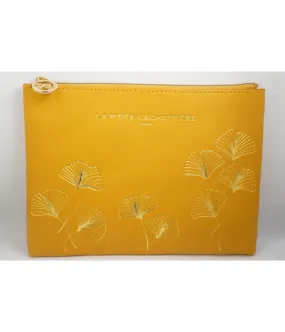 SANTAIA POCHETTE RETRO FEUILLE DE GINGKO OR SIMILI CUIR JAUNE MOUTARDE