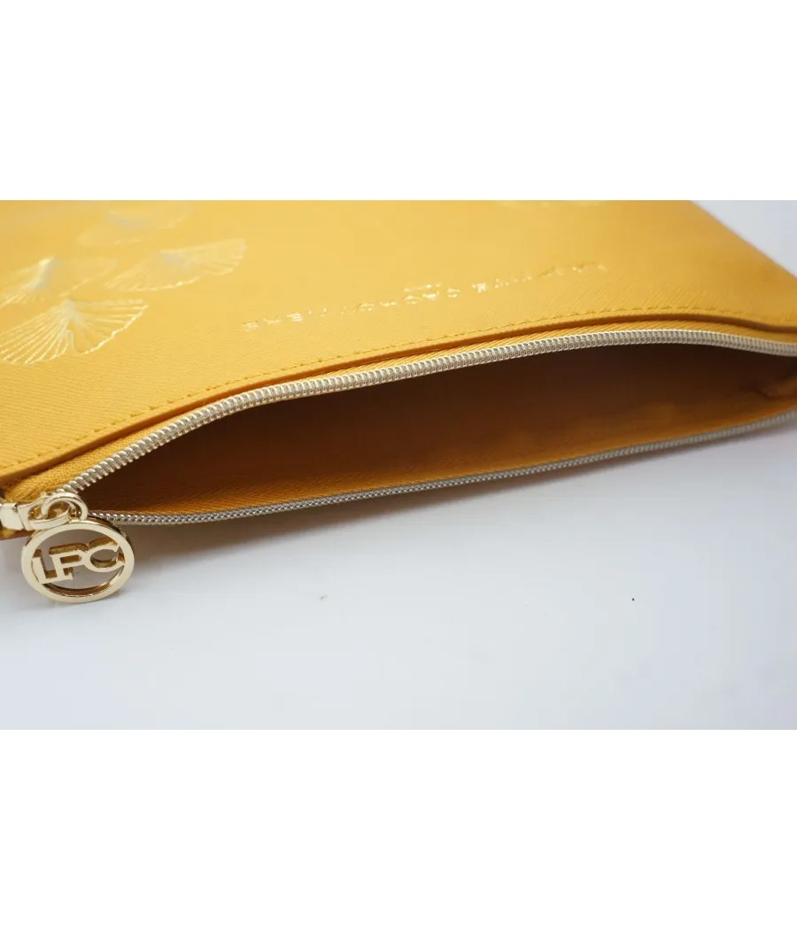 SANTAIA POCHETTE RETRO FEUILLE DE GINGKO OR SIMILI CUIR JAUNE MOUTARDE