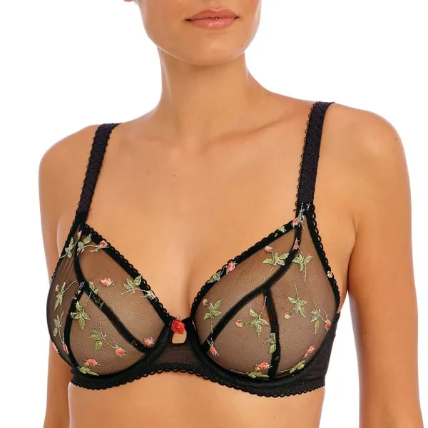 Soutien-gorge plongeant transparent broderies florales Rose Blossom Noir