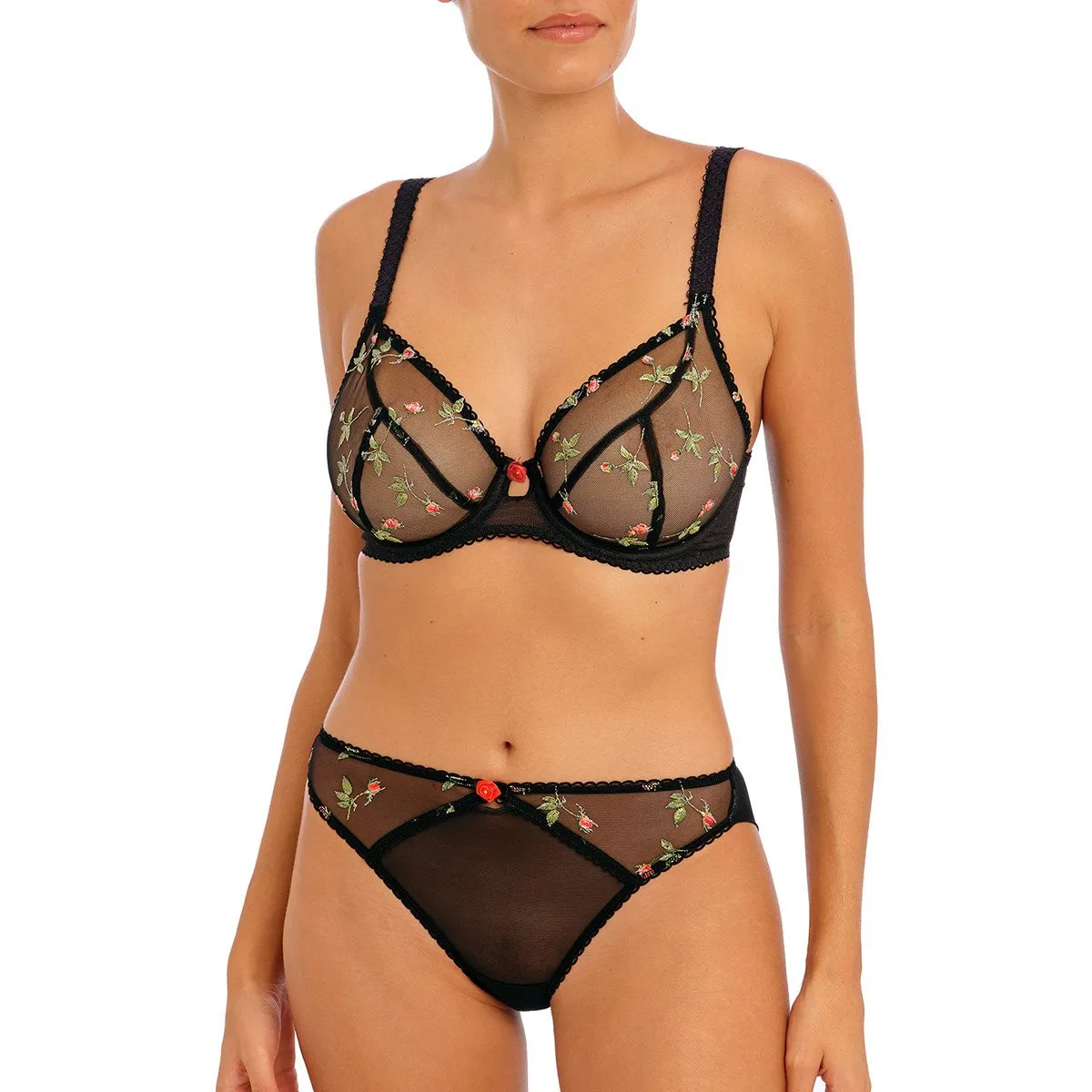 Soutien-gorge plongeant transparent broderies florales Rose Blossom Noir