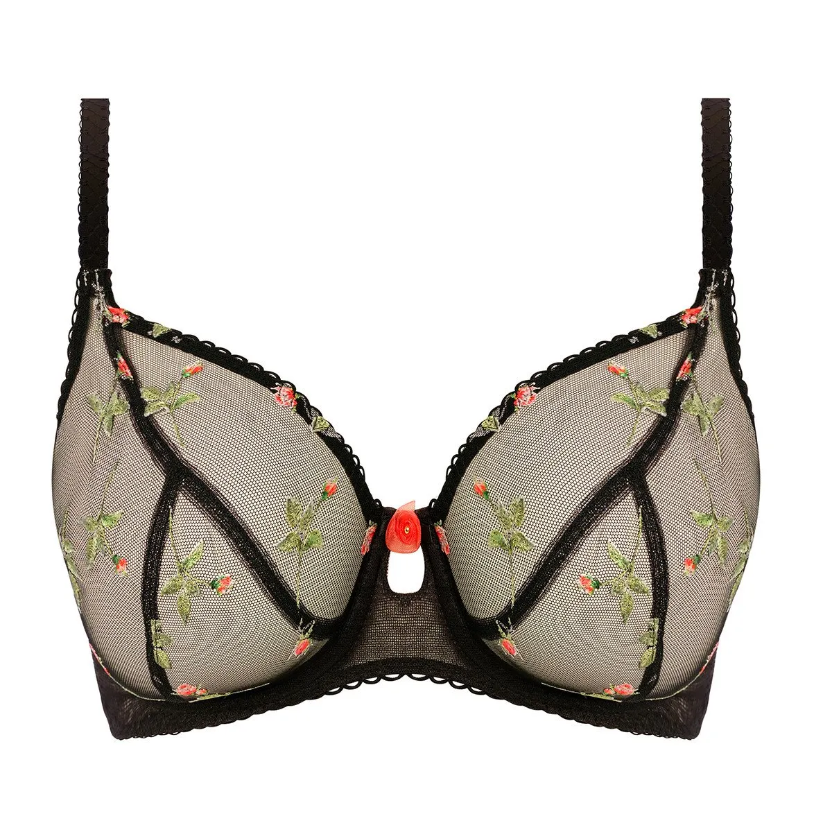 Soutien-gorge plongeant transparent broderies florales Rose Blossom Noir