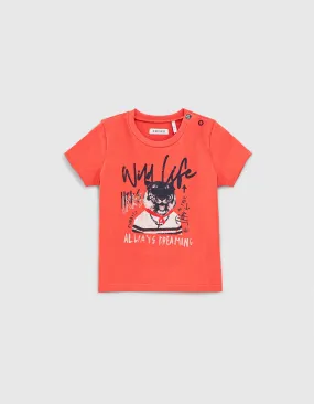 Tee-shirt orange avec visuel tigre coton bio bébé garçon 