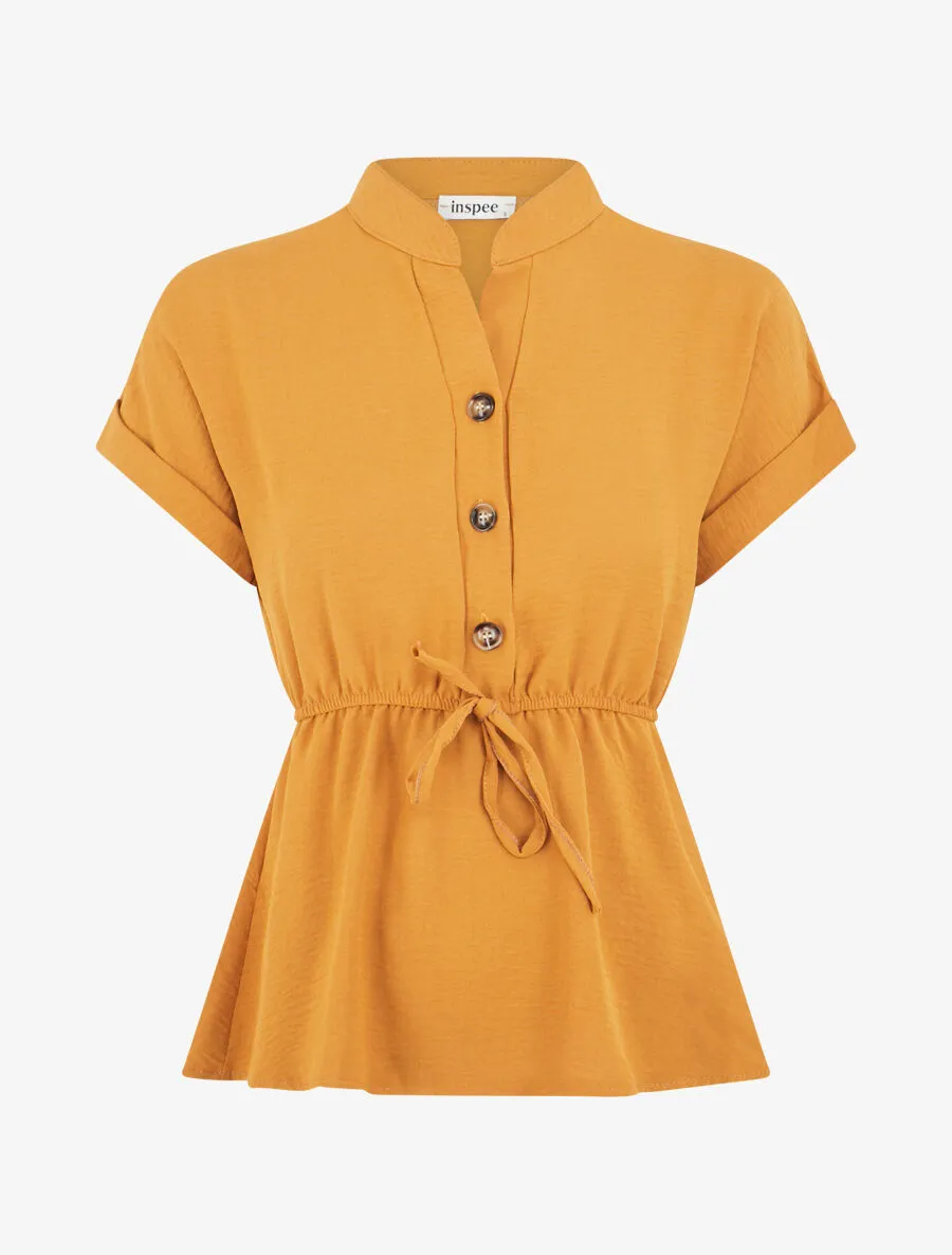 Top uni élastiqué et col boutonné - Jaune moutarde