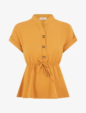 Top uni élastiqué et col boutonné - Jaune moutarde