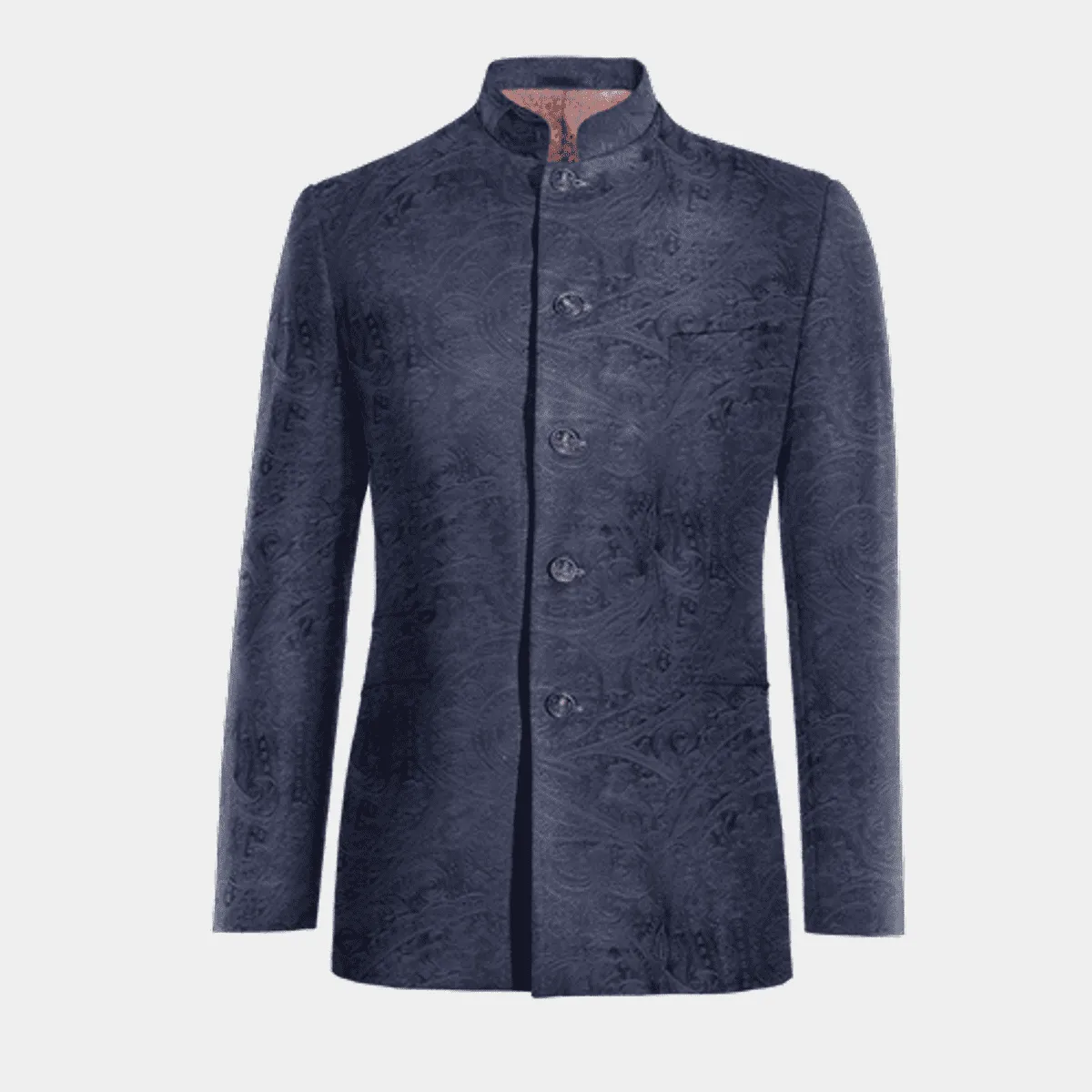 Veste col mandarin bleu marine paisley en velours