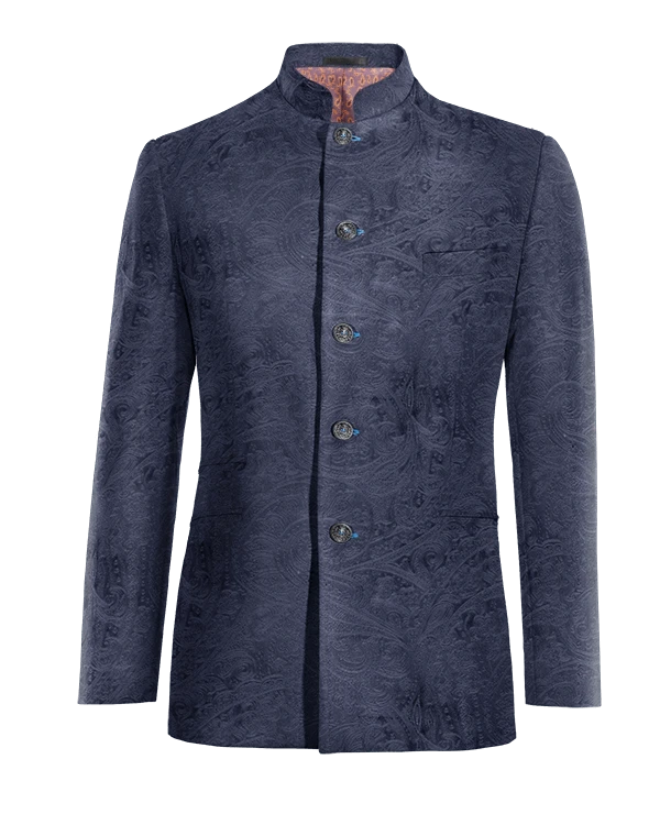 Veste col mandarin bleu marine paisley en velours