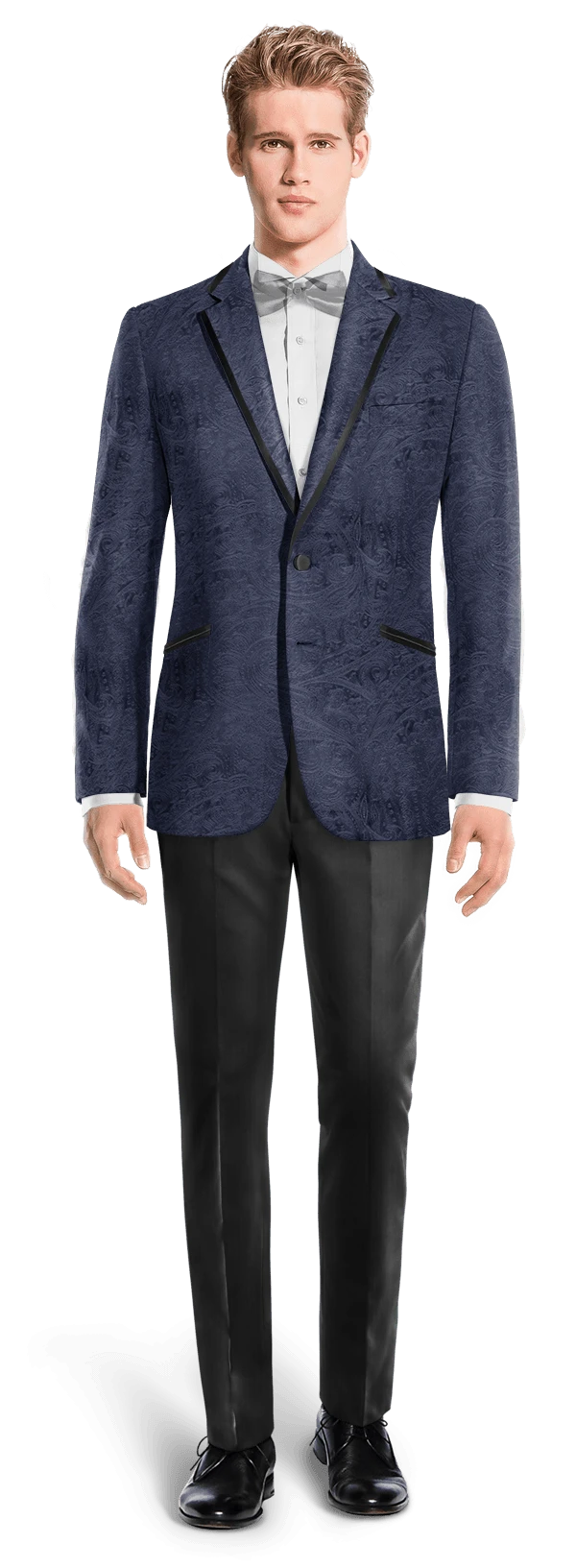 Veste de smoking bleu marine en velours avec motif paisley et revers noir et pantalon noir