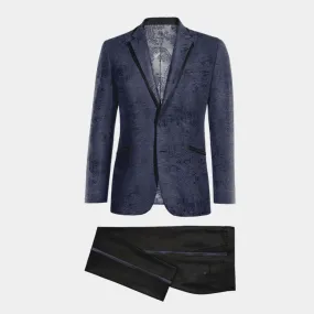 Veste de smoking bleu marine en velours avec motif paisley et revers noir et pantalon noir