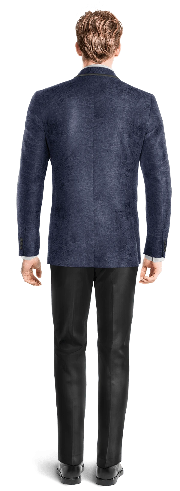 Veste de smoking bleu marine en velours avec motif paisley et revers noir et pantalon noir