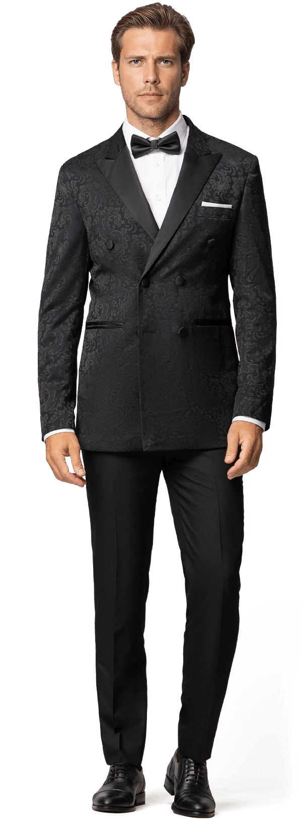 Veste de smoking croisé bleu foncé en jacquard avec motif paisley et revers noir et pantalon noir