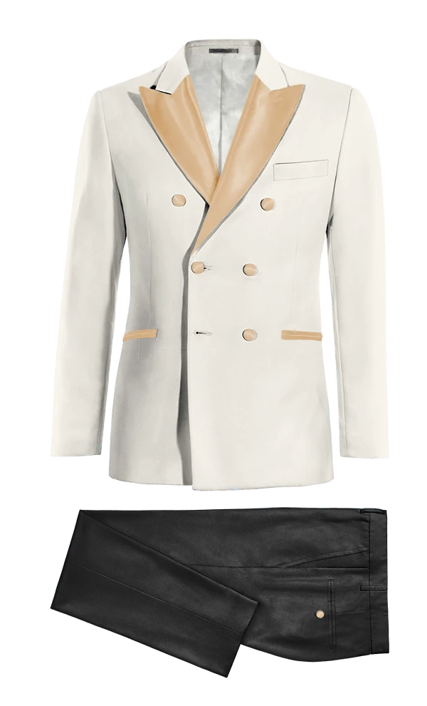 Veste de smoking croisé ivoire avec larges revers beige et pantalon noir