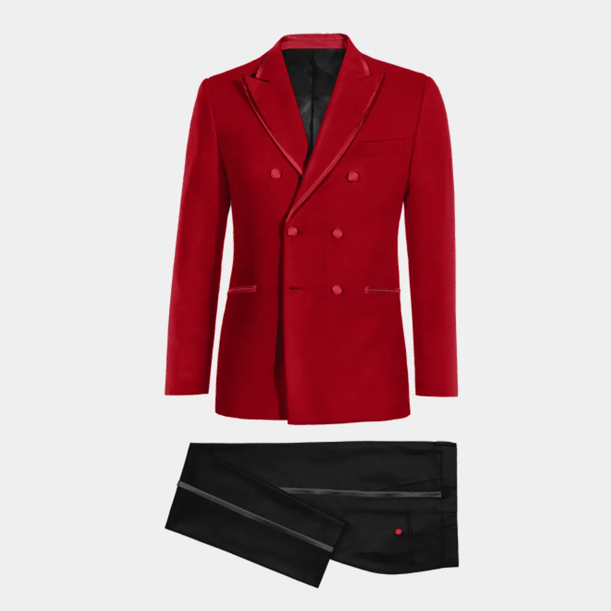 Veste de smoking croisé rouge en velours avec pantalon noir