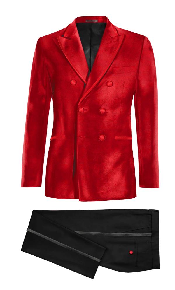 Veste de smoking croisé rouge en velours avec pantalon noir