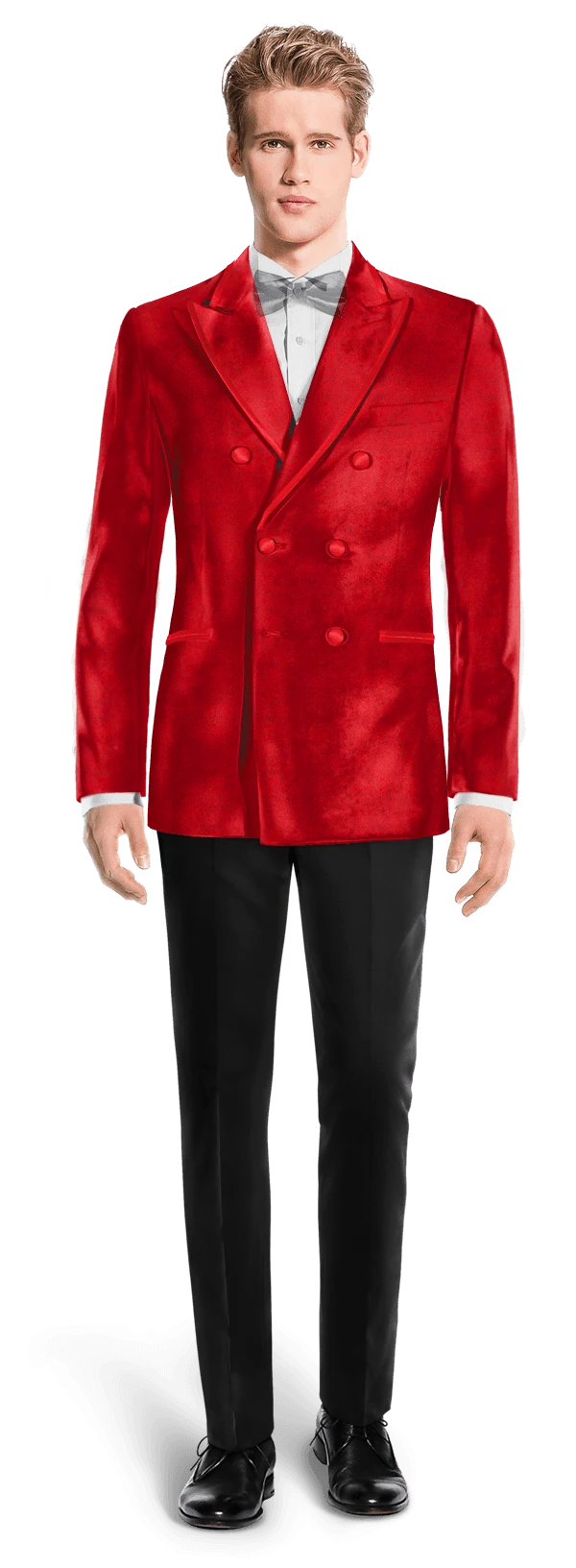 Veste de smoking croisé rouge en velours avec pantalon noir