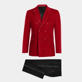 Veste de smoking croisé rouge en velours avec pantalon noir